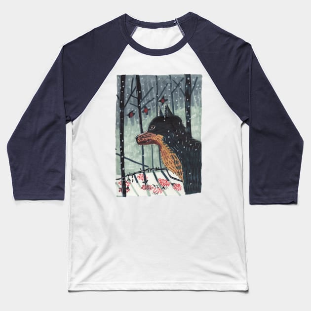 Wolf in Snowy Forest Baseball T-Shirt by Mila-Ola_Art